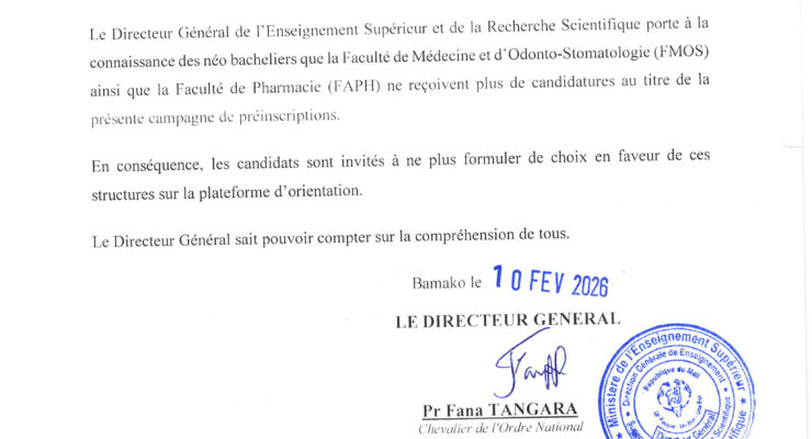 Avis du Directeur Général de l’Enseignement Supérieur et de la Recherche Scientifique à l’attention des néo bacheliers